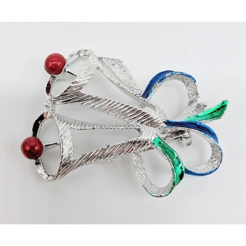 Gerry's Christmas Bells Brooch Pin Silver Tone Enamel